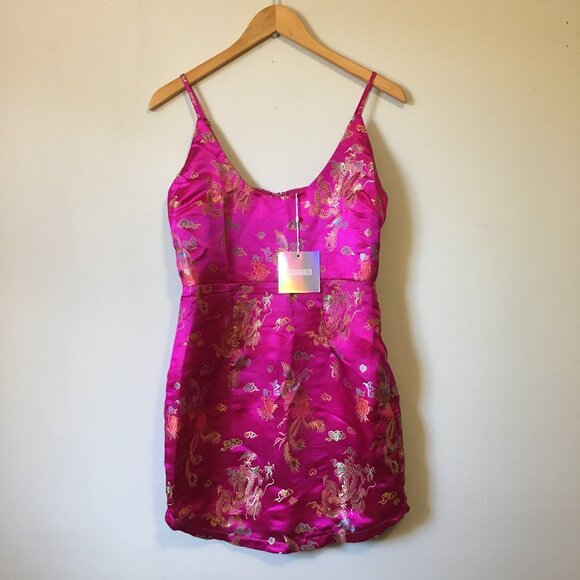 NWT Missguided Pink Jacquard Dragon and Phoenix Strappy Mini Dress - Picture 2 of 15